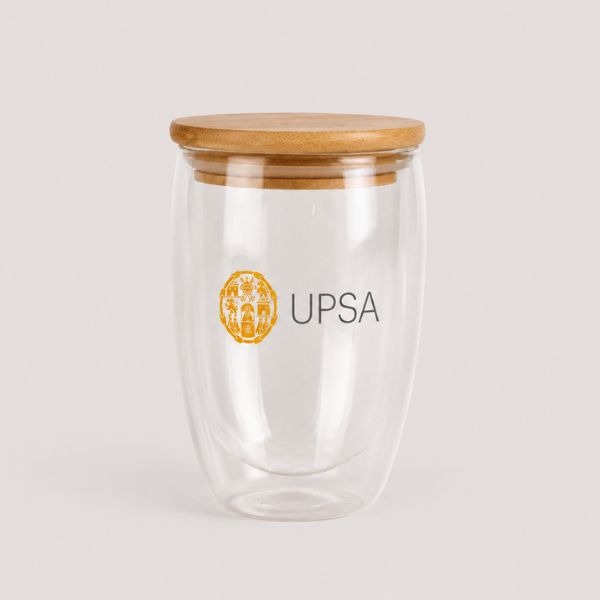 Vaso de cristal UPSA con tapa de bambú
